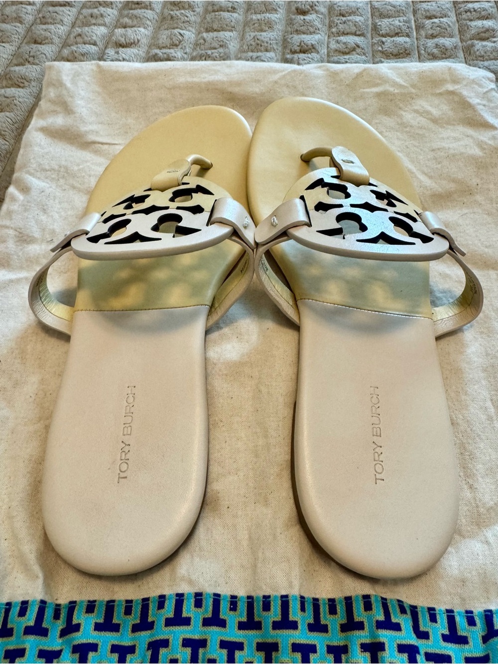 Tory Burch Cream and Tan Miller Logo Thong Sandals - Picture 2 of 3